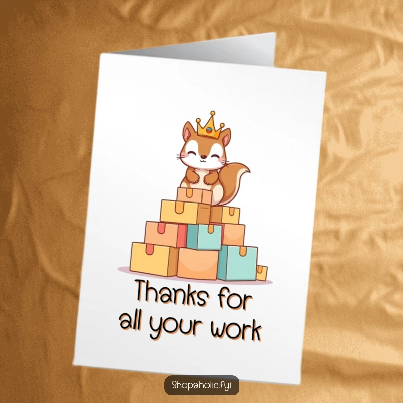 Funny Free Printable Thank You Card: A squirrel with a tiny crown sits regally on a large stack of boxes.