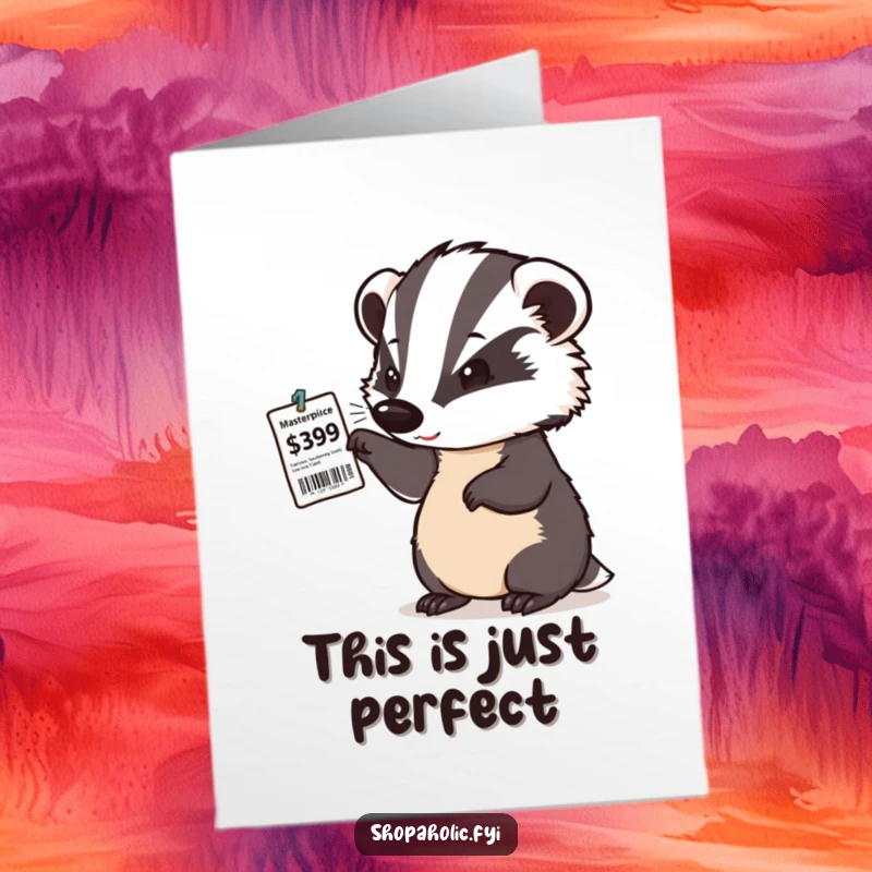 Funny Free Printable Thank You Card: A badger looks satisfied after examining a price tag, showing thanks.