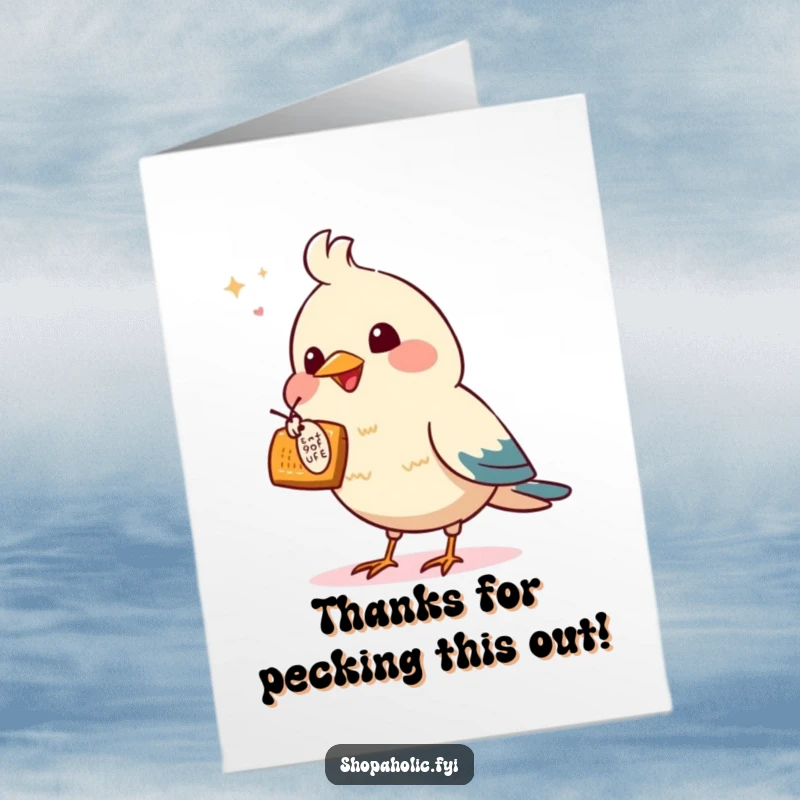 Funny Free Printable Thank You Card: An excited bird pointing a wing at a tempting offer, symbolizing gratitude for a great opportunity.