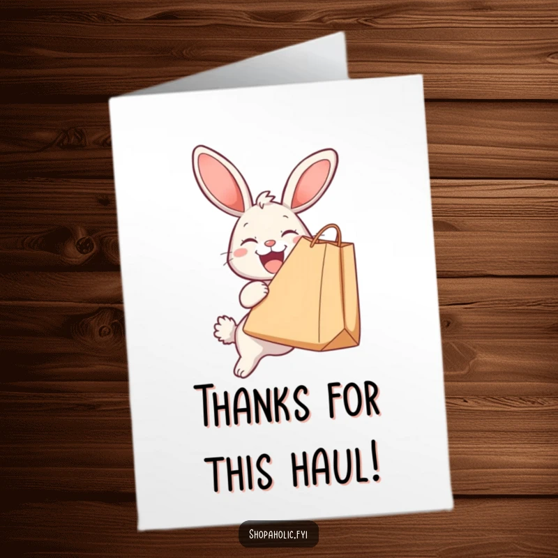 Funny Free Printable Thank You Card: Delighted bunny joyfully holding a huge shopping bag, a comical way to express thanks.