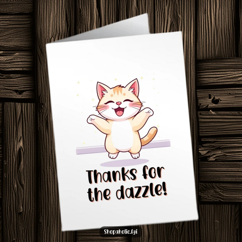 Funny Free Printable Thank You Card: A cheerful cat bounces with thanks before a shimmering, glittering display.