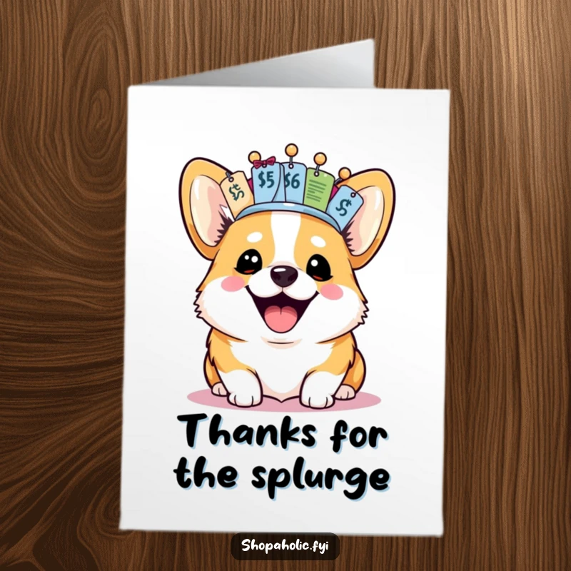Funny free printable thank you card featuring a joyful corgi wearing a unique crown made of price tags, showing thanks.
