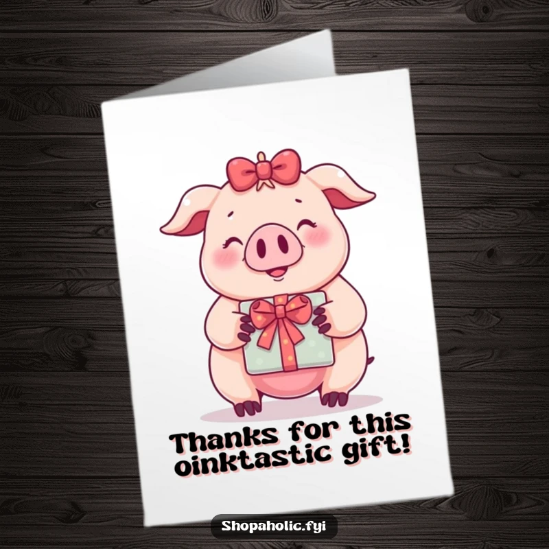 Funny Free Printable Thank You Card: A pig smiles smugly, holding a perfectly wrapped gift.