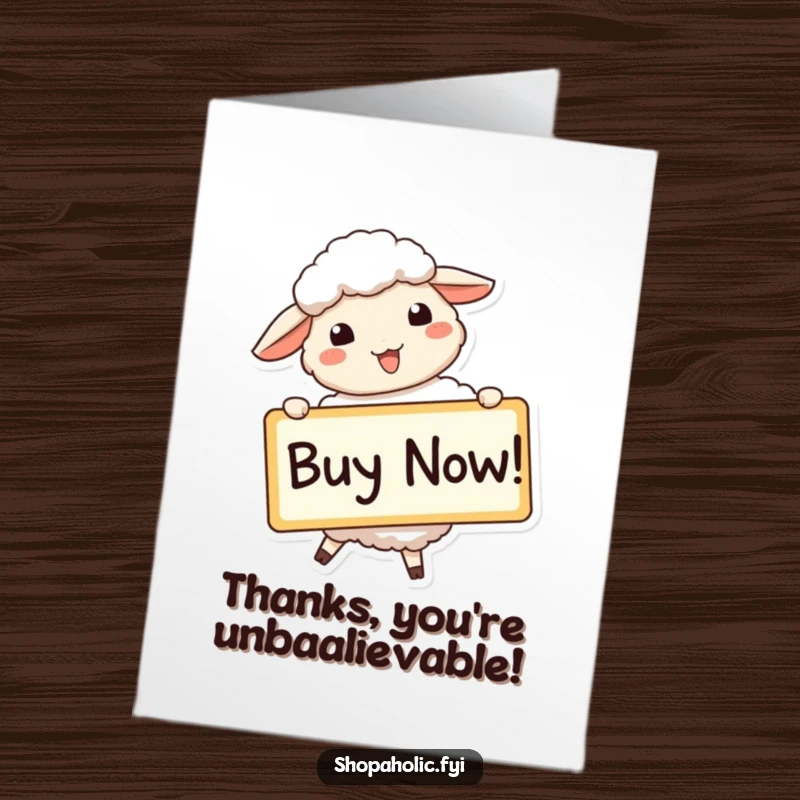 Funny Free Printable Thank You Card: A beaming sheep enthusiastically holds a Buy Now sign, expressing thanks with gusto.