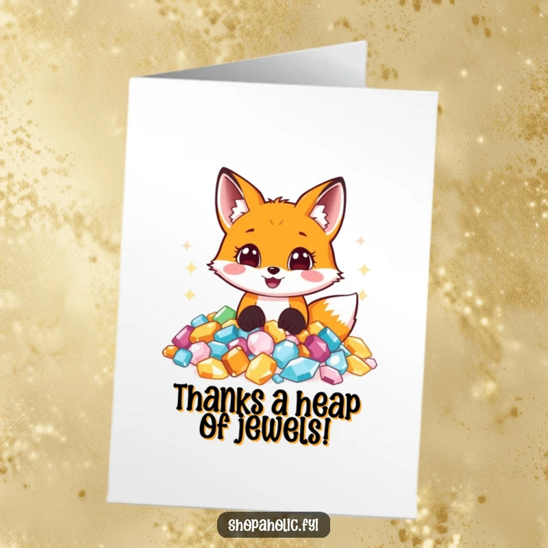 Funny Free Printable Thank You Card: A fox surrounded by sparkling jewels expresses immense gratitude with eyes full of happy wonder.