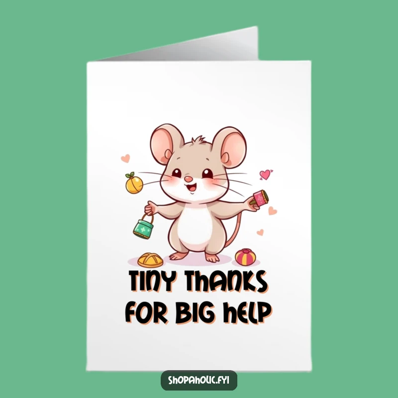 Free Printable Thank You Card: Mouse Juggling Trinkets, Cute DIY Downloadable Gift