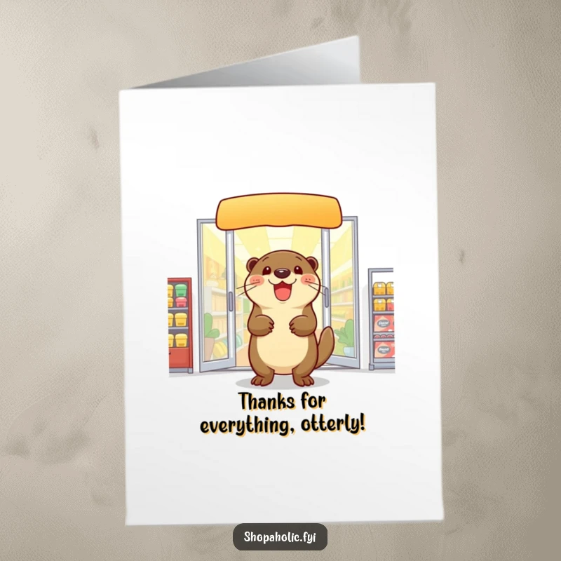 Funny Free Printable Thank You Card: Otter with arms full of shopping bags, conveying thanks.