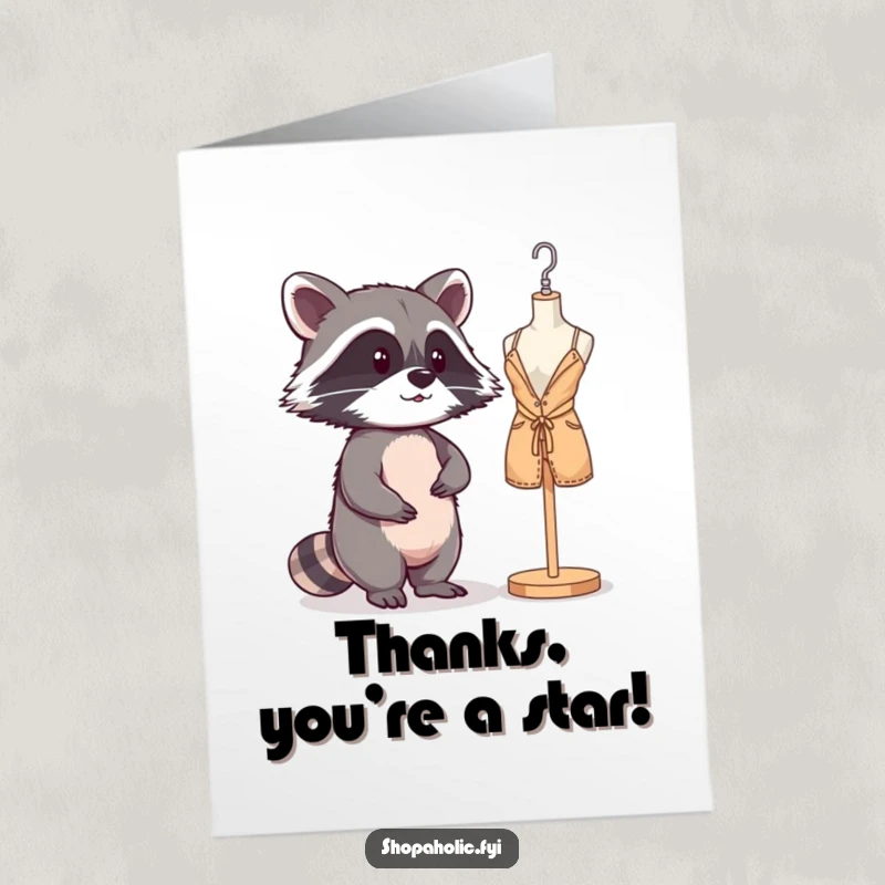 Funny Free Printable Thank You Card: Mischievous raccoon admires itself in a mannequin, looking stylish.