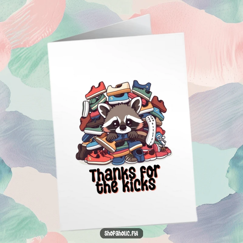 Funny free printable thank you card with a raccoon peeking from a mountain of shoes, expressing thanks.