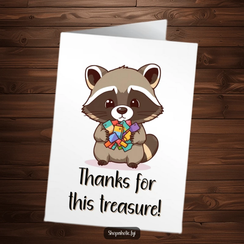 Funny Free Printable Thank You Card: Mischievous raccoon gleefully presenting a heap of tiny objects, a comical thank you note.