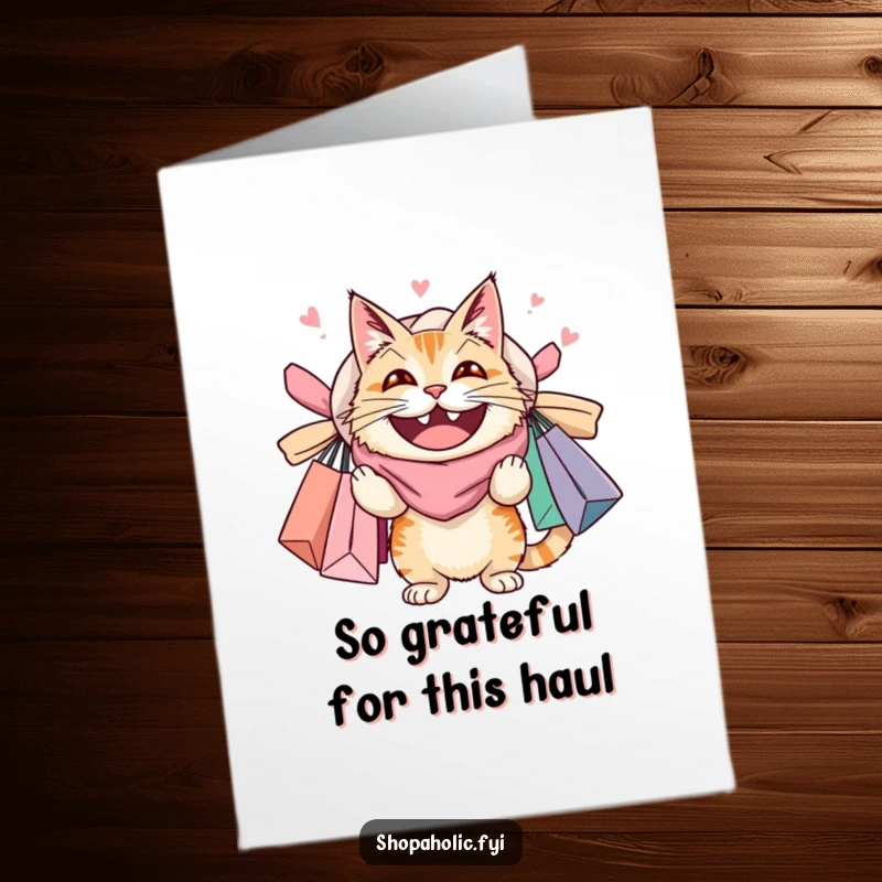 Funny Free Printable thank you card: a grinning cat holds shopping bags, expressing thanks, a DIY gift.