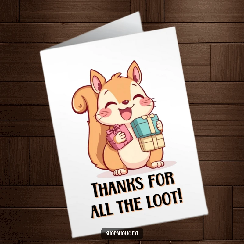 Funny Free Printable Thank You Card: A joyful squirrel holding many tiny gift boxes, expressing thanks with glee.