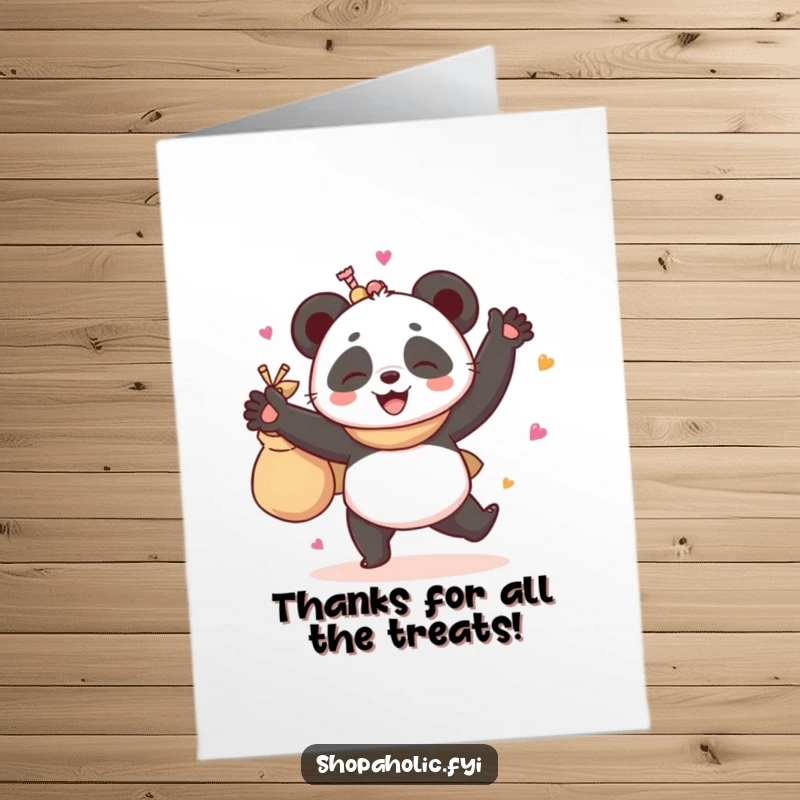 Funny Free Printable Thank You Card: Giggling panda dances with a bag of goodies, showing appreciation.