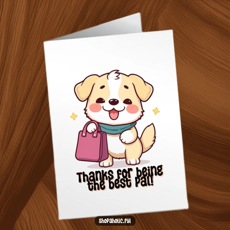 Funny Free Printable Dog Thank You Card: Content dog offers a gift bag with a grand gesture, showing deep thanks.