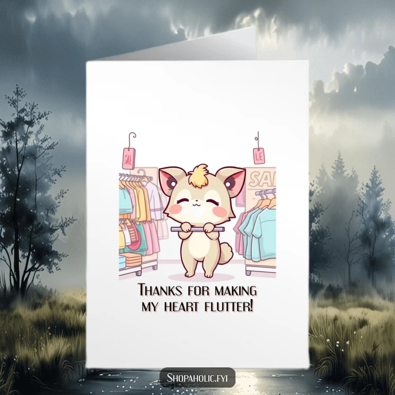 Funny Free Printable Thank You Card: A creature collapses dramatically onto a sale rack, overcome by deals.