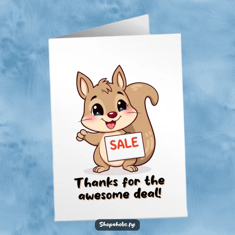 Funny Free Printable Thank You Card: Cheerful squirrel pointing at a sale sign, expressing gratitude for savings.