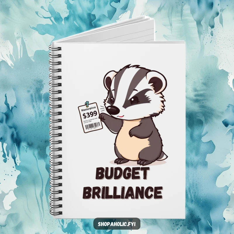 Funny notebook featuring a determined badger nodding with satisfaction at a price tag, perfect for tracking deals.