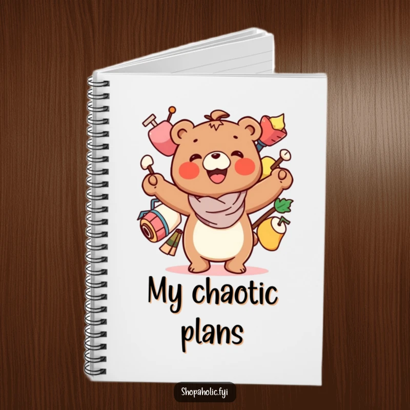 Funny Bear Notebook: A smiling bear character precariously balancing several items, ready to record juggling ideas.