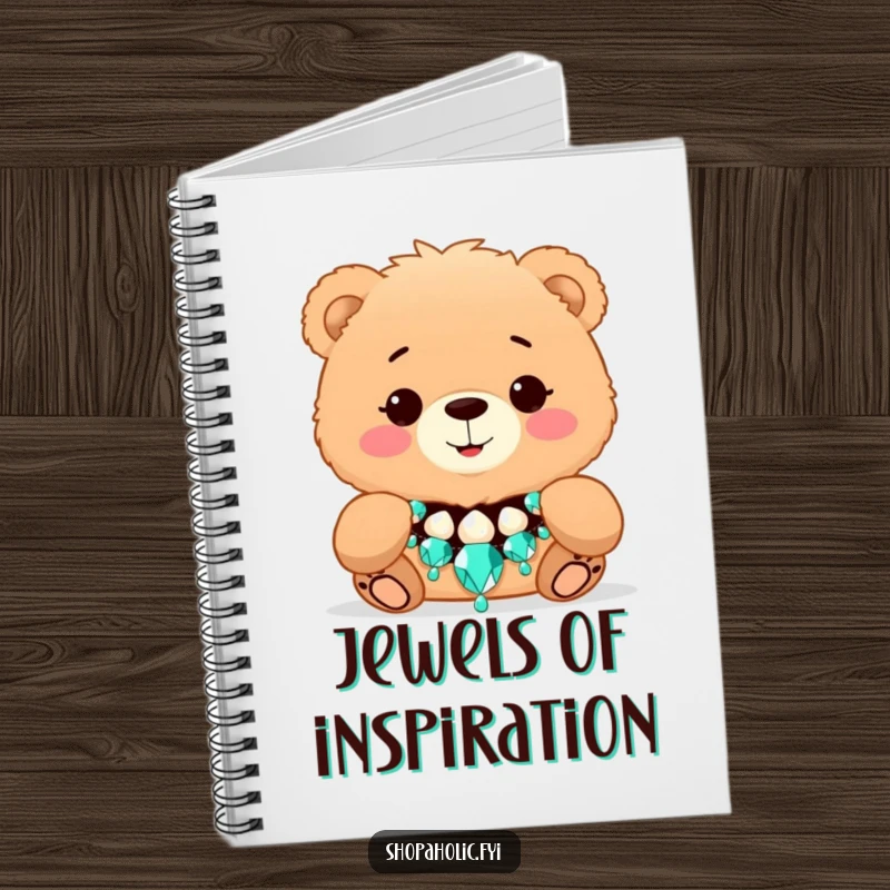 Funny Bear Fashion Notebook - Features a fluffy bear smiling while trying on a dazzling necklace, inspiring stylish note-taking.