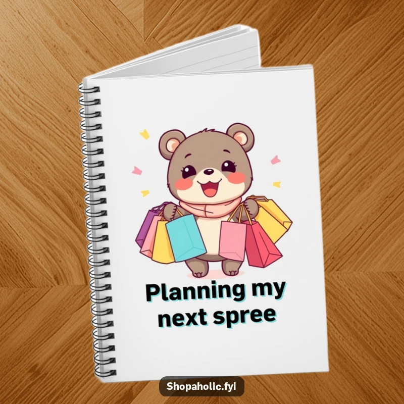 Funny Bear Notebook: Enthusiastic bear with a wide grin, holding many shopping bags, perfect for shopping lists and notes.