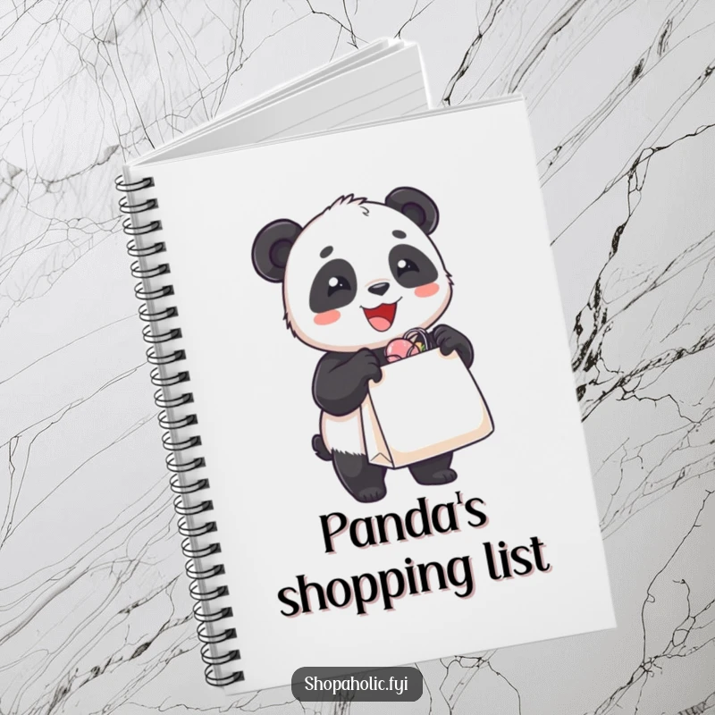 Funny notebook with a delighted panda bear holding an overflowing shopping bag, perfect for journaling shopping lists or future purchases.