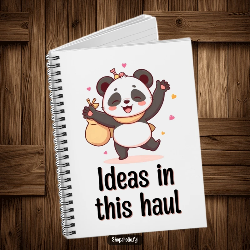Funny notebook cover showing a giggling panda dancing joyfully with a bag full of delicious goodies, designed for cheerful note-taking.