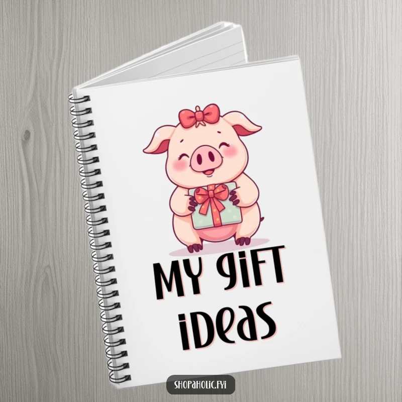 Funny notebook with a satisfied pig holding a wrapped gift on the cover, great for journaling or school.