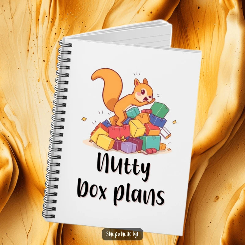 Funny squirrel notebook showing a hyperactive character chasing a tumbling pile of colorful boxes, ideal for notes and plans.