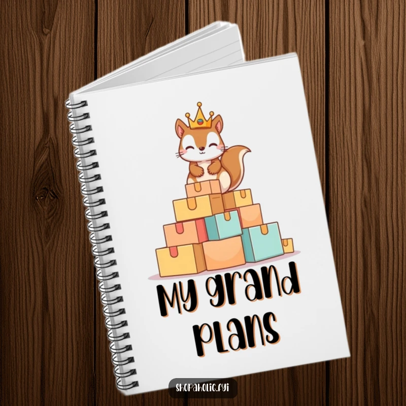 Funny Squirrel King Notebook featuring a mischievous squirrel wearing a tiny crown on a huge pile of boxes, perfect for journaling regal ambitions.