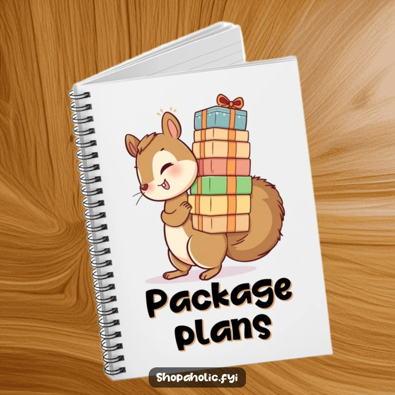Funny notebook featuring a playful squirrel attempting to carry a very tall stack of packages. Perfect for lists.