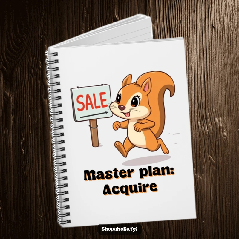 Funny squirrel notebook with a determined squirrel sprinting towards a sale sign, perfect for note-taking and planning.