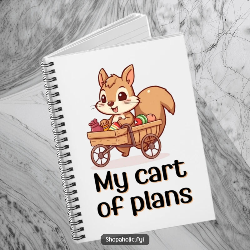 Funny notebook with a determined squirrel character pulling a tiny cart of goods, symbolizing the capture of humorous plans.