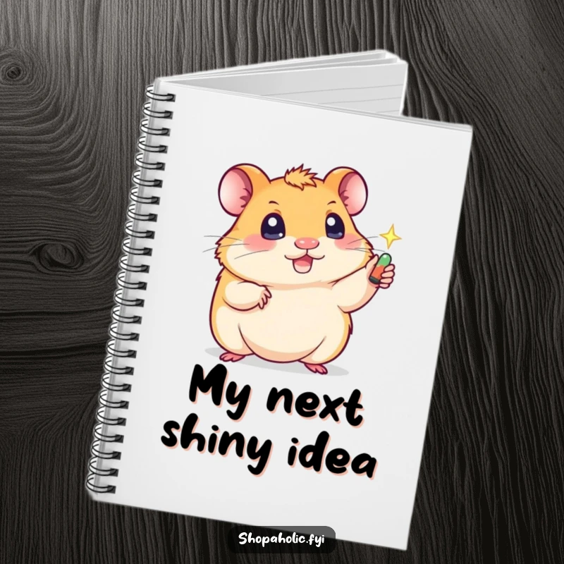 Funny notebook cover with a cute hamster grabbing a shiny item, symbolizing the capture of bright ideas humorously.