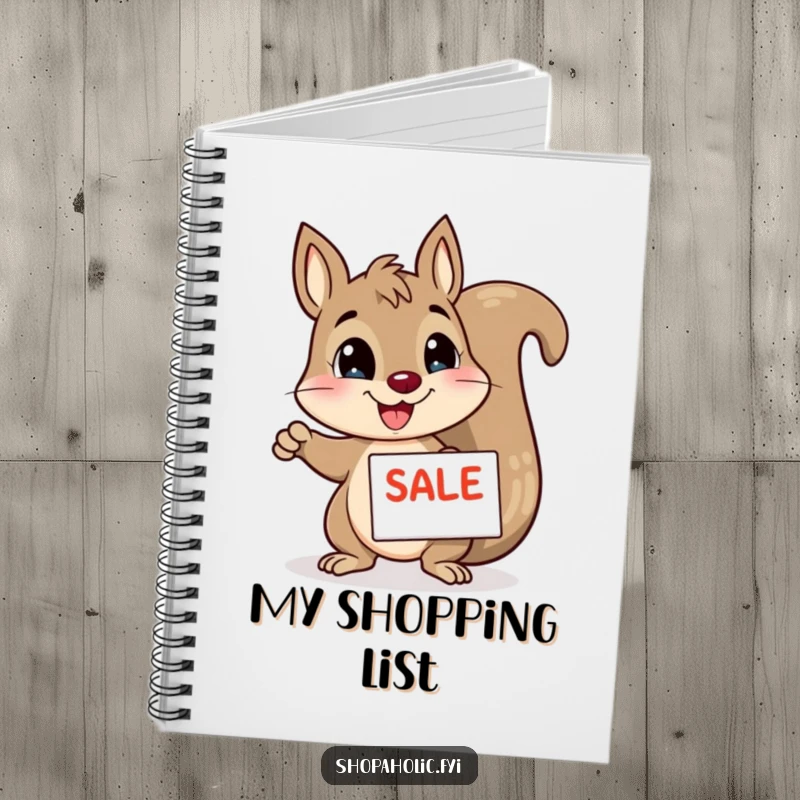 Funny squirrel notebook, enthusiastically pointing to a sale sign, perfect for jotting notes and ideas with humor, a gift.