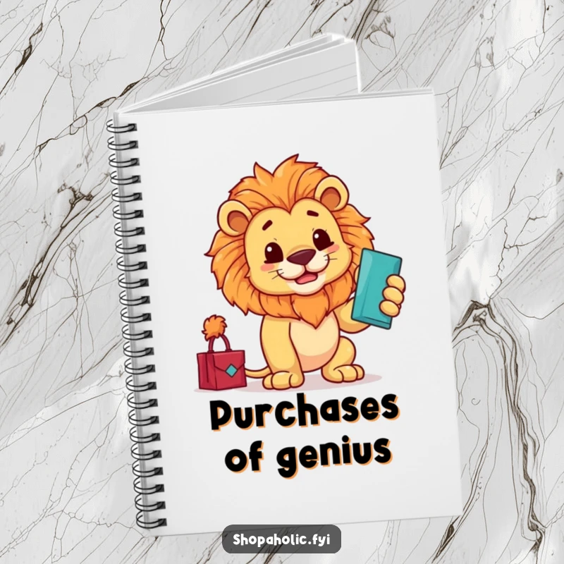 Funny notebook cover with a proud lion confidently admiring a new purchase with a flourish, designed for organized and inspired thoughts.