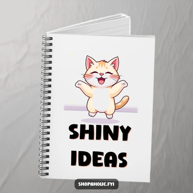 Funny notebook featuring a cheerful cat bouncing excitedly before a sparkling, glittering display. Perfect for notes.