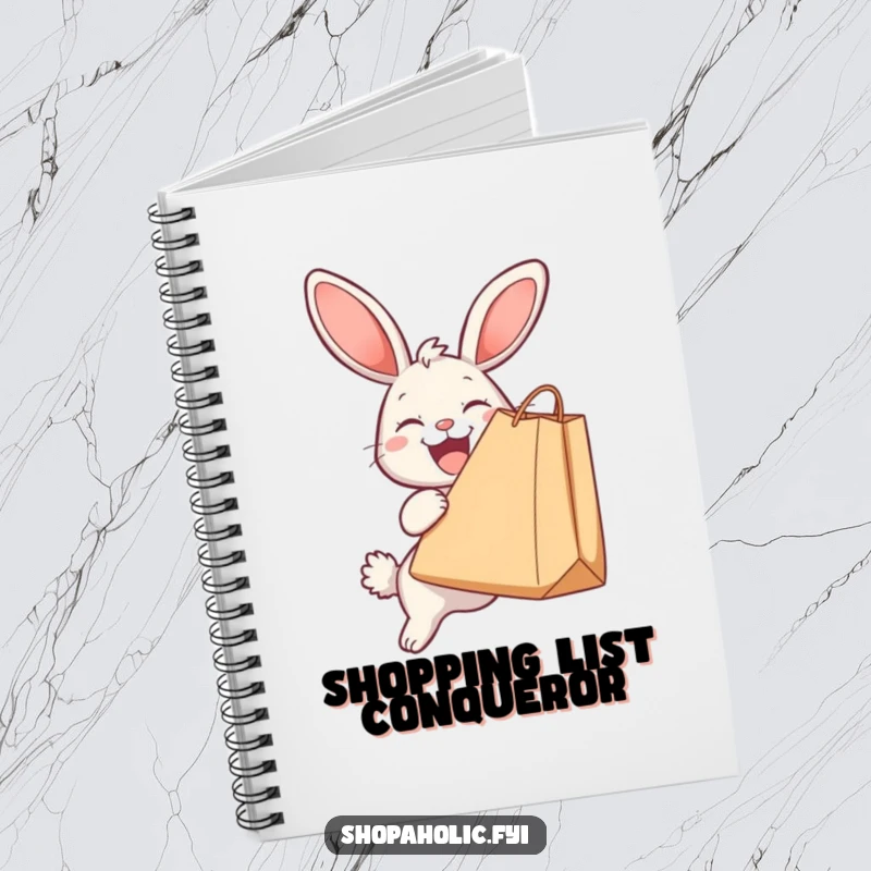 Funny notebook featuring a happy bunny clutching a huge shopping bag, perfect for writing shopping lists and bright ideas.
