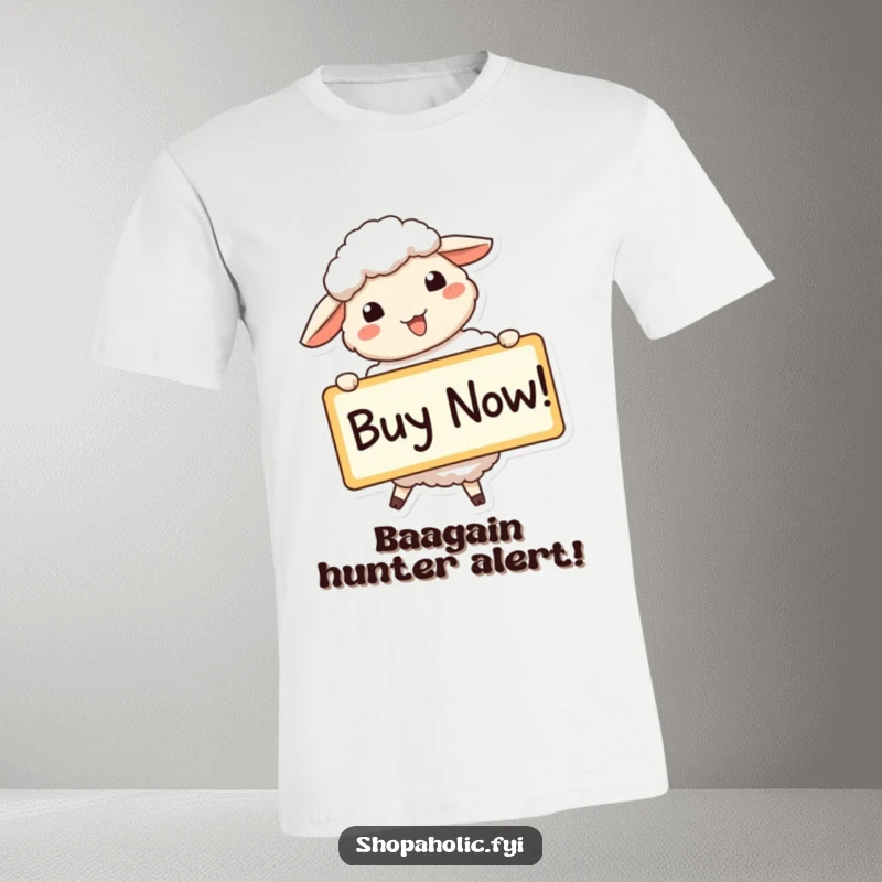 Funny sheep t-shirt showing a beaming sheep enthusiastically holding a large 'Buy Now!' sign, great for shoppers.