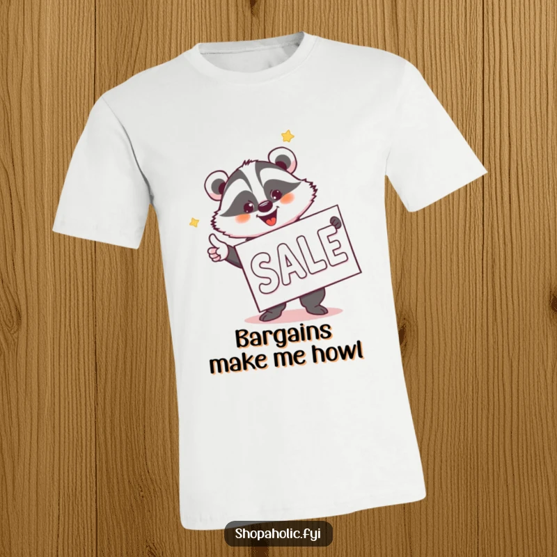 Funny Badger Sale Hunter T-Shirt - A jovial badger excitedly points at a huge sale banner, capturing the fun of discounts.