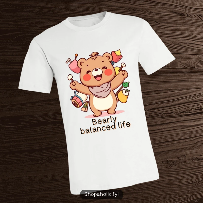 Funny Bear T-Shirt: A smiling bear character precariously balancing several items, representing life's humorous challenges.