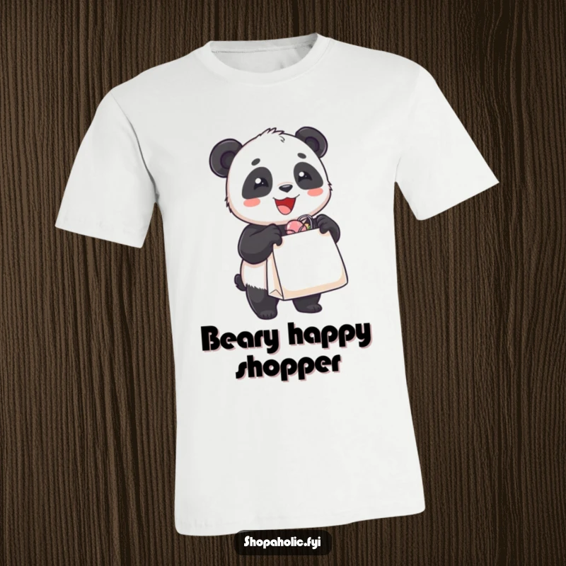 Funny t-shirt featuring a delighted panda bear joyfully carrying an overflowing shopping bag, ideal for humorous shopper apparel.