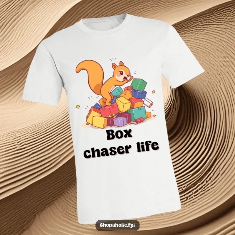 Funny squirrel t-shirt with a hyperactive character chasing a tumbling pile of colorful boxes, depicting dynamic energy.