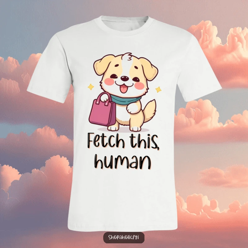 Funny Dog T-Shirt: A content dog character offering a bag with a grand gesture, highlighting the joy of giving.