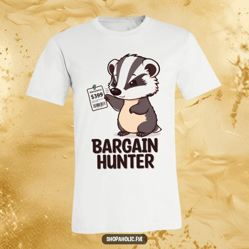 Funny t-shirt with a determined badger giving a satisfied nod while examining a price tag, signifying a great deal.