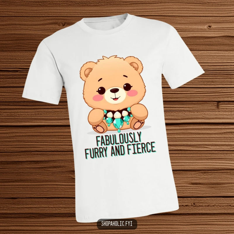 Funny Bear Fashion T-Shirt - A fluffy bear smiles while trying on an oversized, dazzling necklace, radiating pure joy and style.