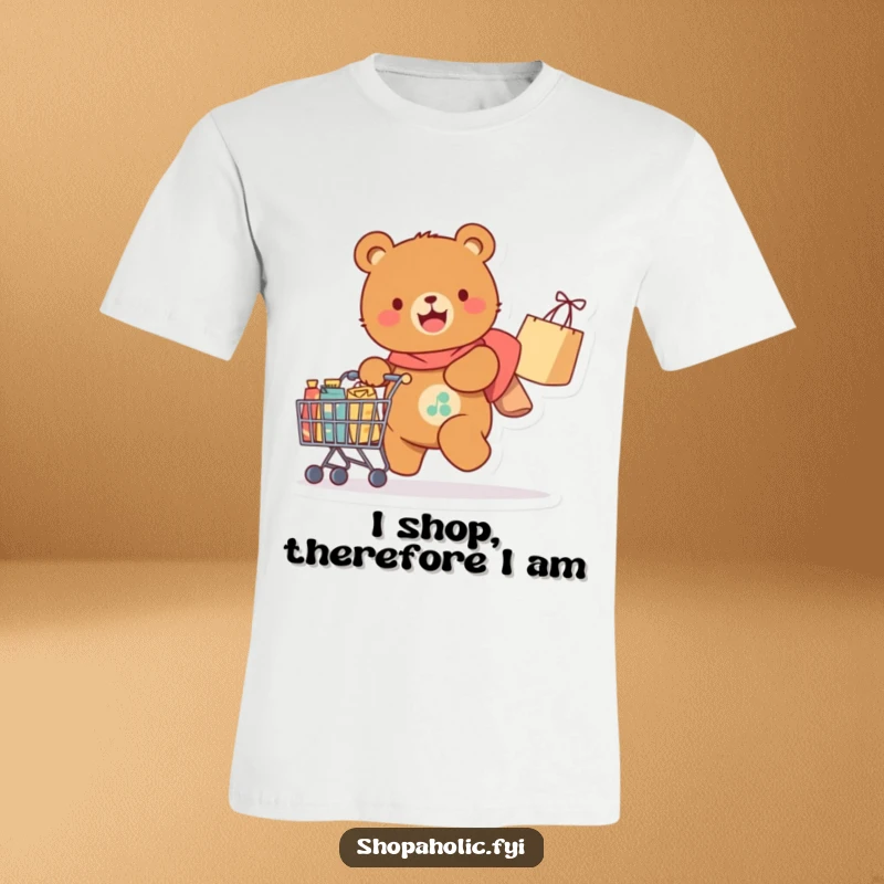 Funny T-Shirt: A bear beaming with joy pulls a heavily laden shopping cart, showcasing a triumphant and humorous shopping spree.