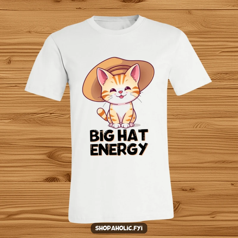 Funny t-shirt with a joyful cat attempting to balance a very large, oversized hat, radiating humorous confidence.