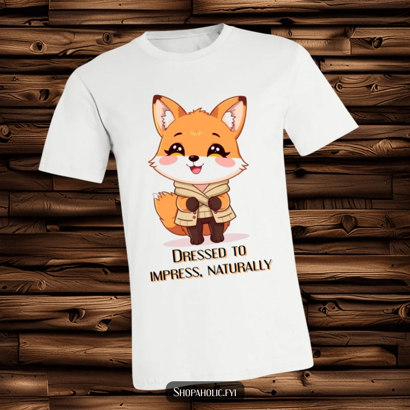 Funny Fox T-Shirt: Charming fox looking delighted with a perfectly chosen outfit, embodying fashion-forward confidence.