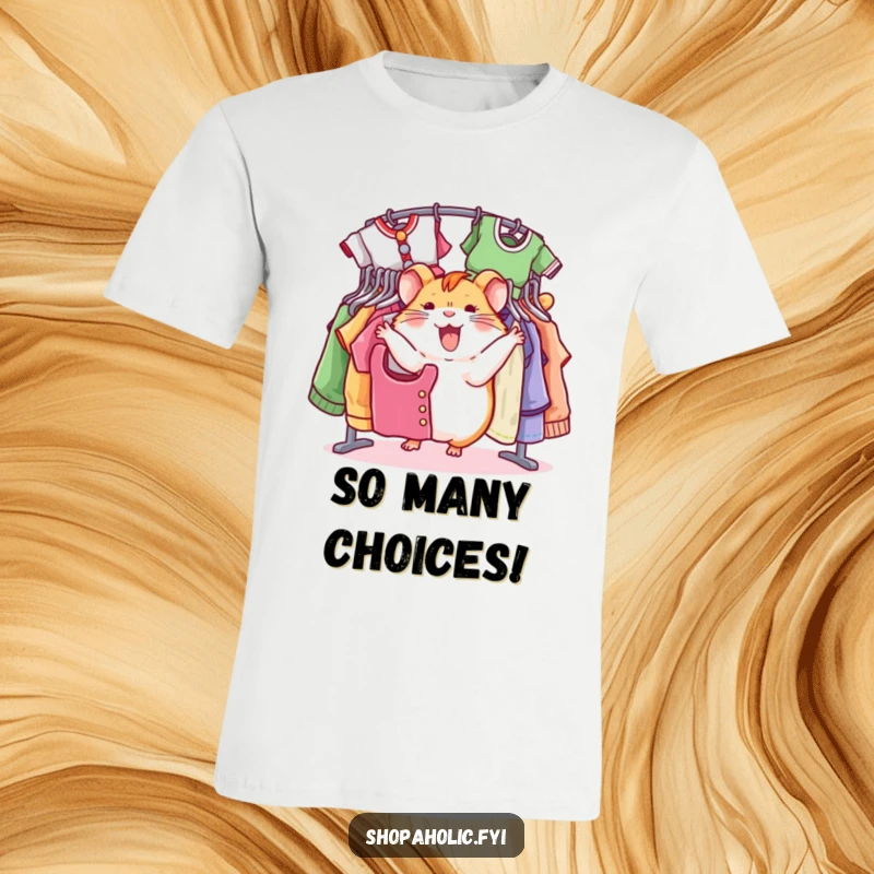 Funny hamster t-shirt, joyfully spinning amidst a rack of vibrant clothing, depicting excitement for fashion, a humorous gift.