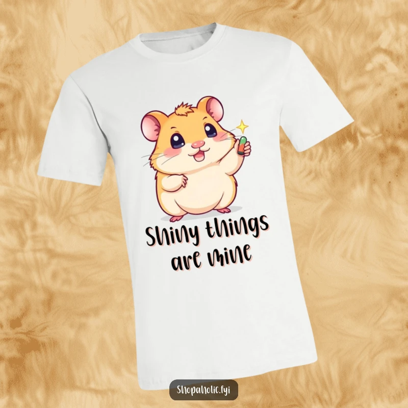 Funny t-shirt of a cute hamster with wide, sparkling eyes stretching to grab a glittering item, expressing a funny obsession.